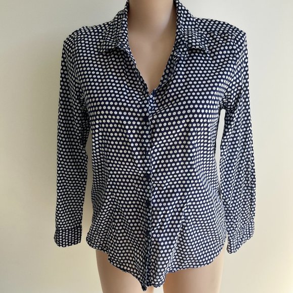 Bird Keepers Tops - Bird Keepers Blue & White Polka Dot Long Sleeve Collared Cotton Shirt Size 18
